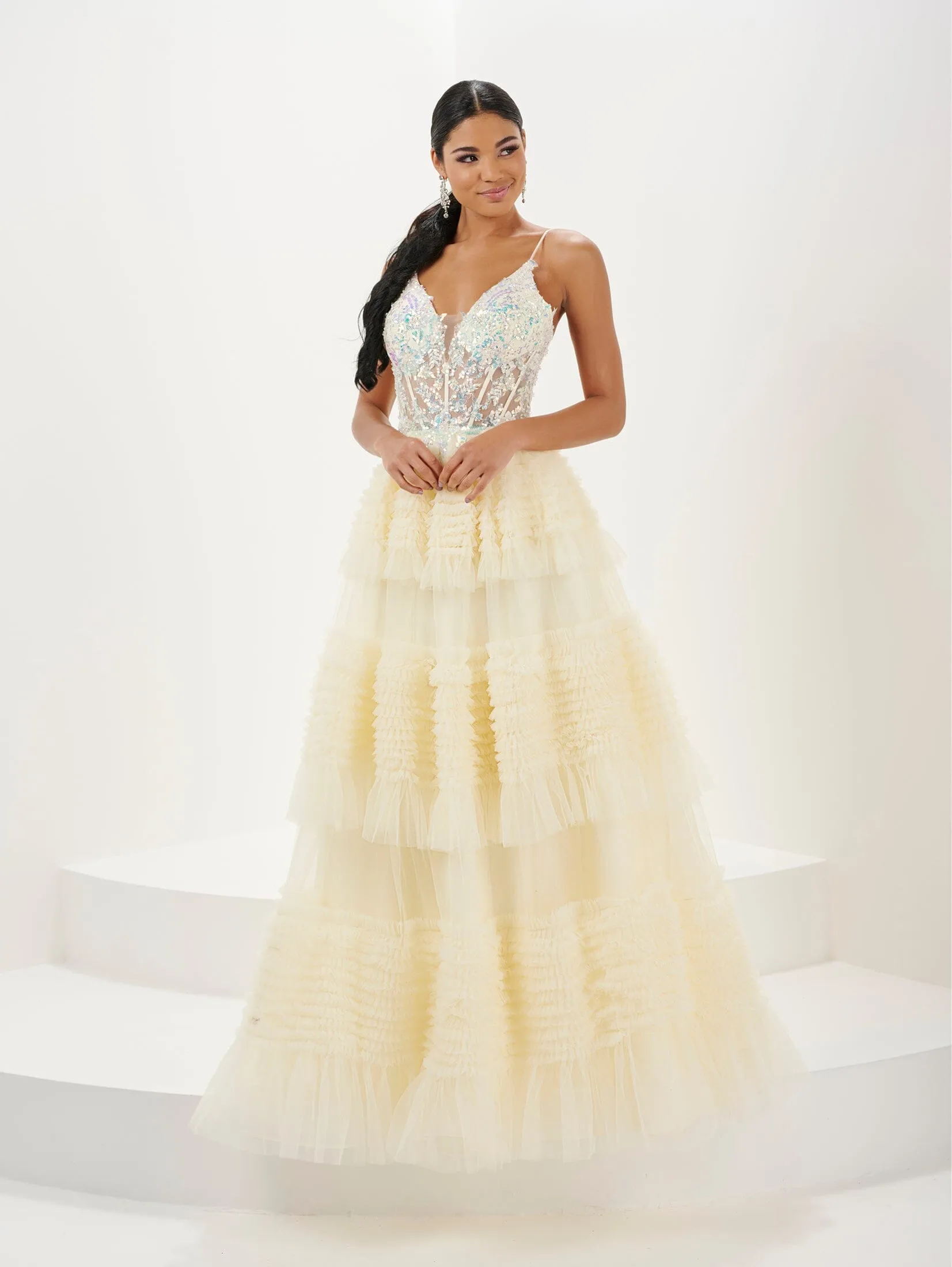 Applique Sheer Corset Ruffled Gown by Tiffany Designs 16054
