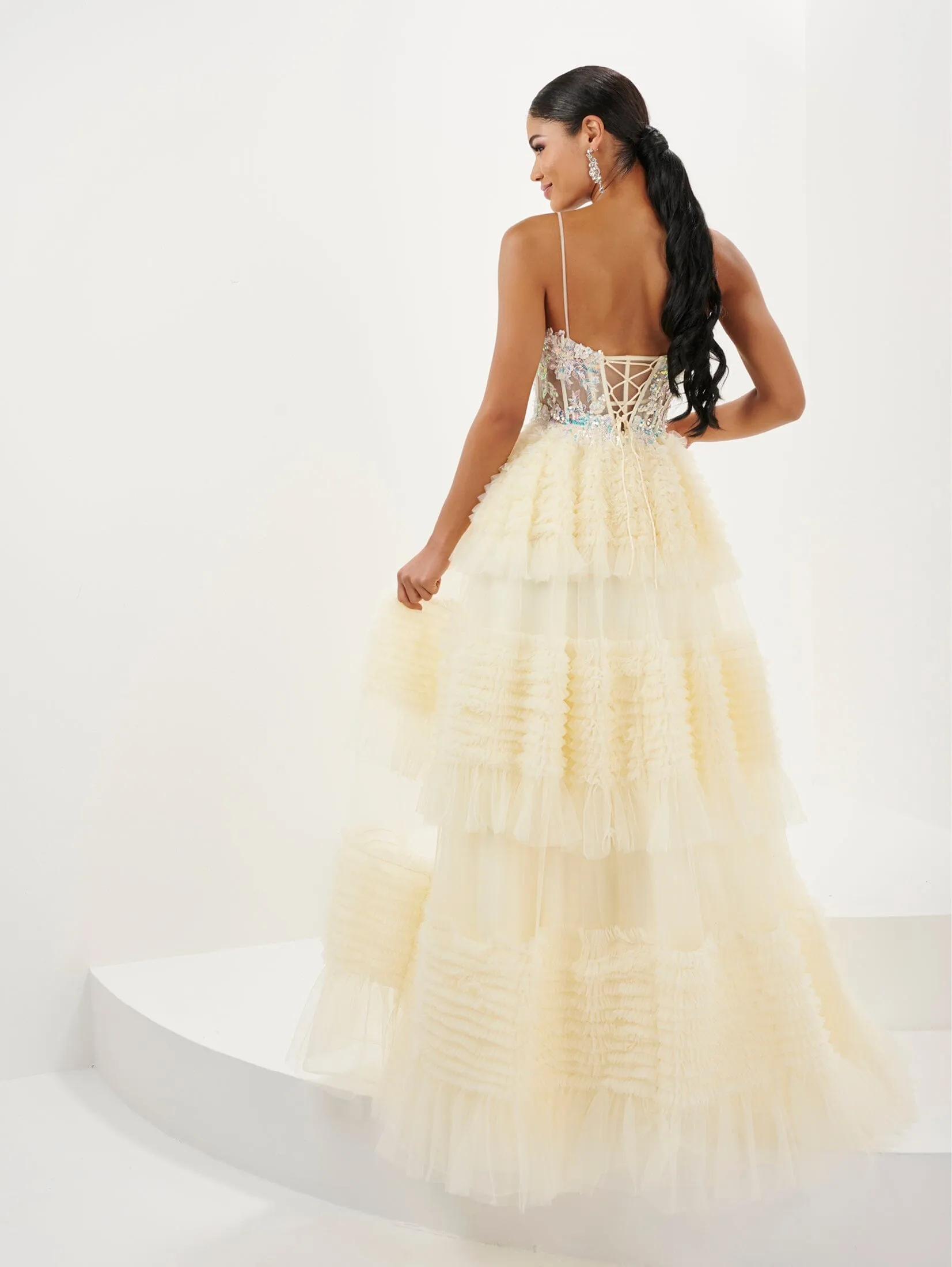 Applique Sheer Corset Ruffled Gown by Tiffany Designs 16054