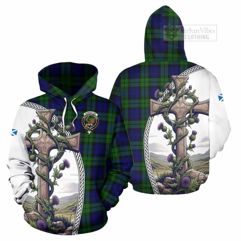 Bannatyne Tartan Hoodie with Family Crest and St. Andrew's Cross Accented by Thistle Vines