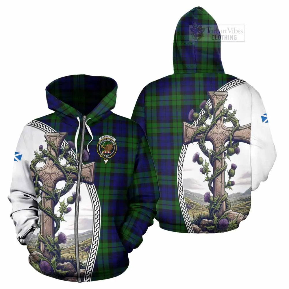 Bannatyne Tartan Hoodie with Family Crest and St. Andrew's Cross Accented by Thistle Vines