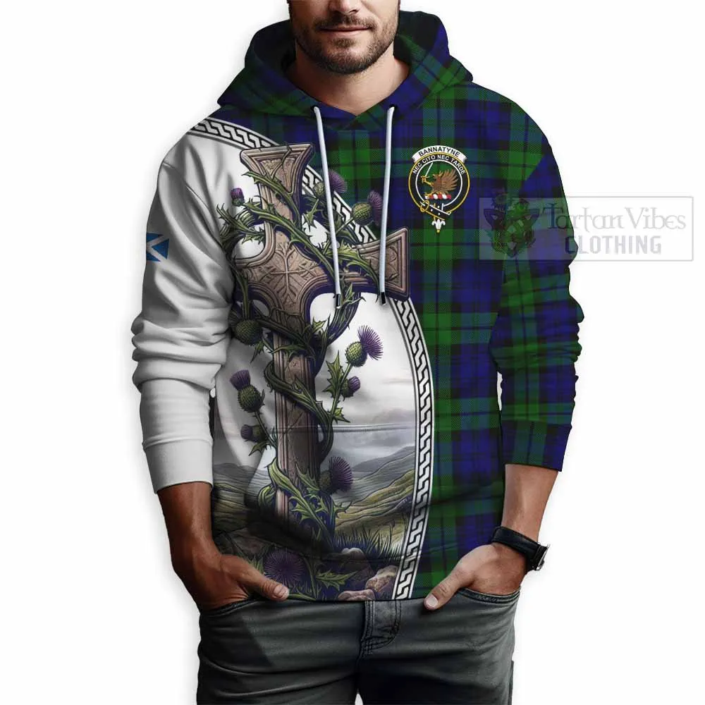 Bannatyne Tartan Hoodie with Family Crest and St. Andrew's Cross Accented by Thistle Vines