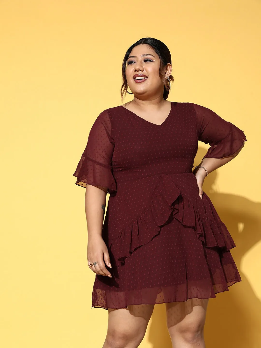 Berrylush Women Plus Size Solid Maroon Dobby Weave V-Neck Semi-Sheer Ruffled A-Line Mini Dress