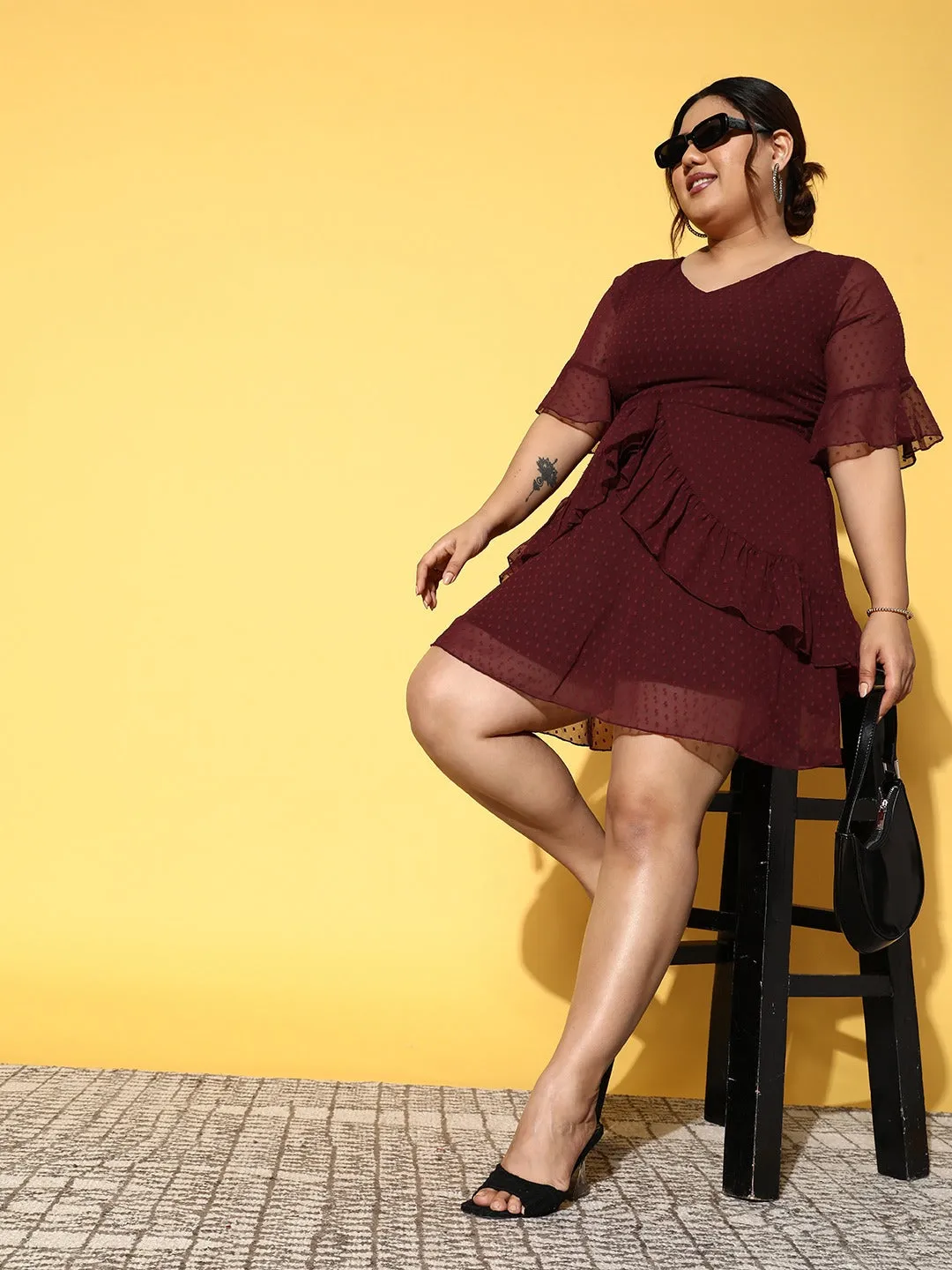 Berrylush Women Plus Size Solid Maroon Dobby Weave V-Neck Semi-Sheer Ruffled A-Line Mini Dress