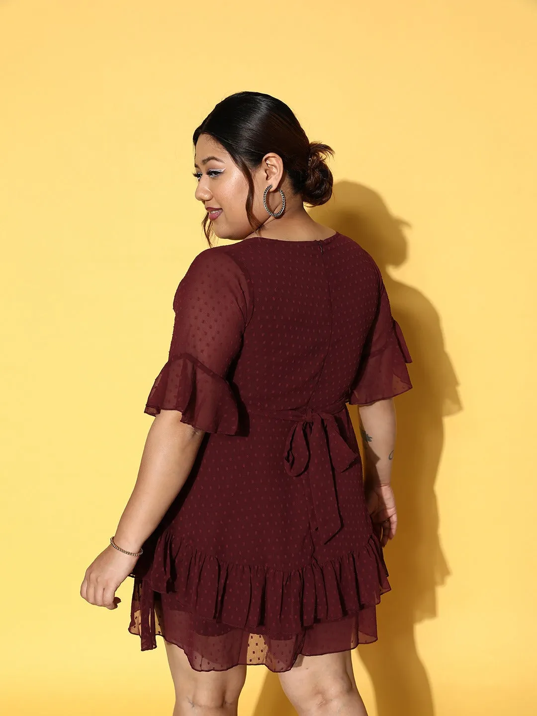 Berrylush Women Plus Size Solid Maroon Dobby Weave V-Neck Semi-Sheer Ruffled A-Line Mini Dress