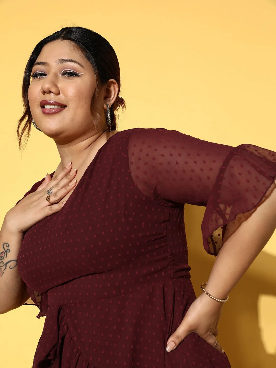 Berrylush Women Plus Size Solid Maroon Dobby Weave V-Neck Semi-Sheer Ruffled A-Line Mini Dress