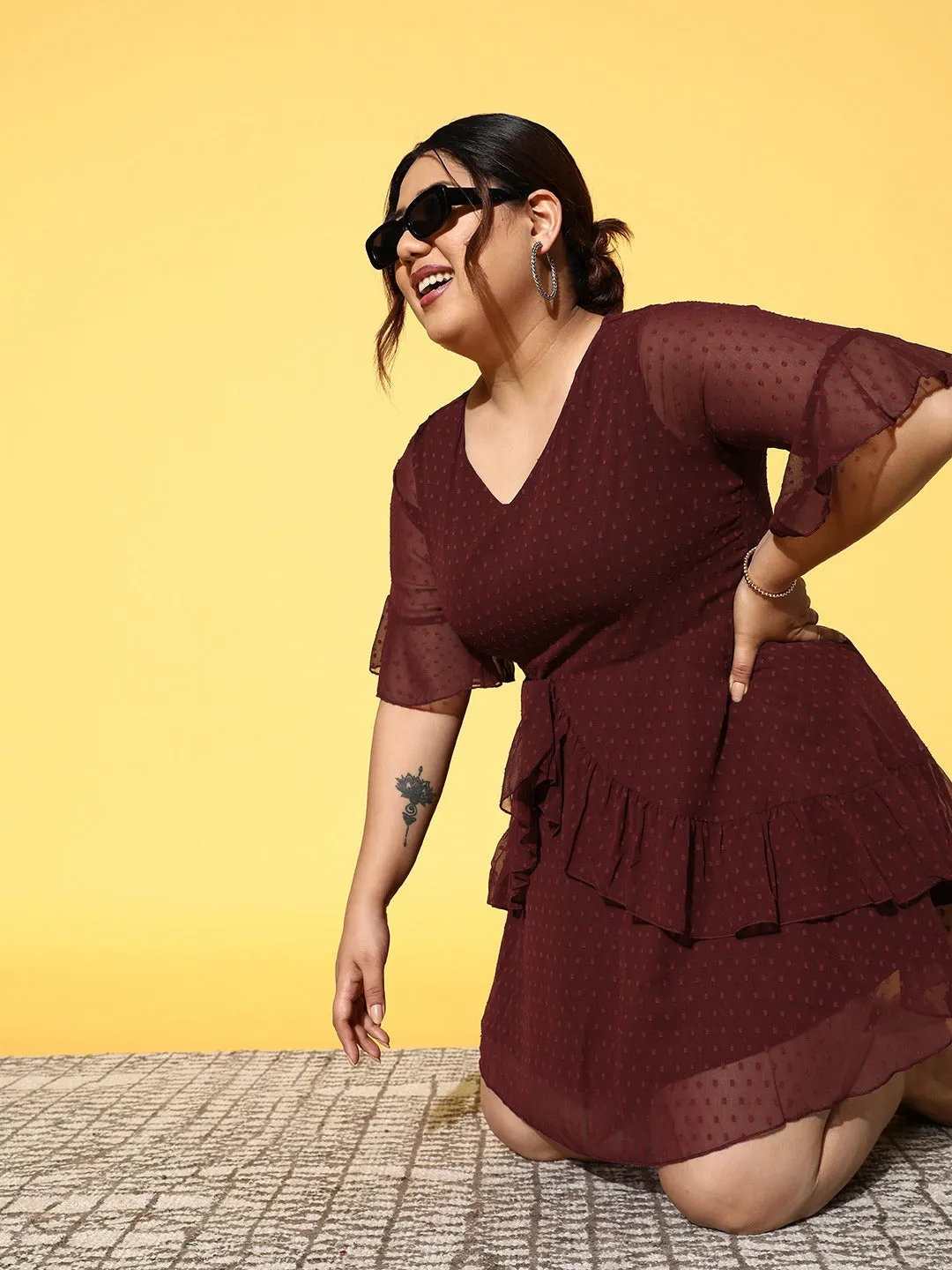 Berrylush Women Plus Size Solid Maroon Dobby Weave V-Neck Semi-Sheer Ruffled A-Line Mini Dress