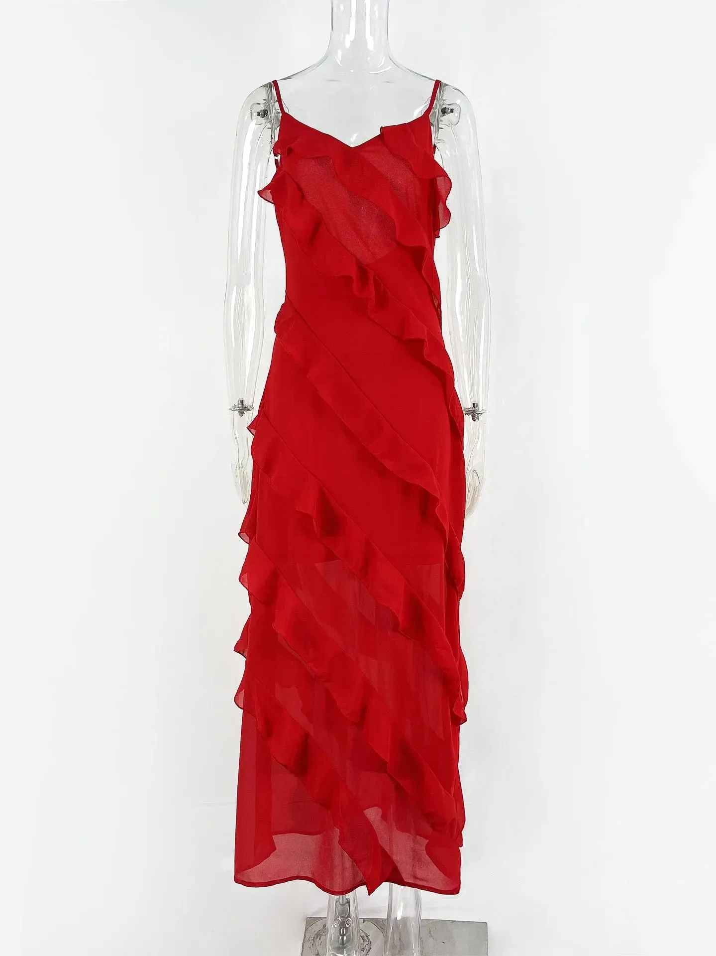 binfenxie 2024 Elegant Red Chiffon Slip Dresses for Women Sexy Spaghetti Strap Backless Lace-up Ruffles Long Maxi Evening Party Prom Dress