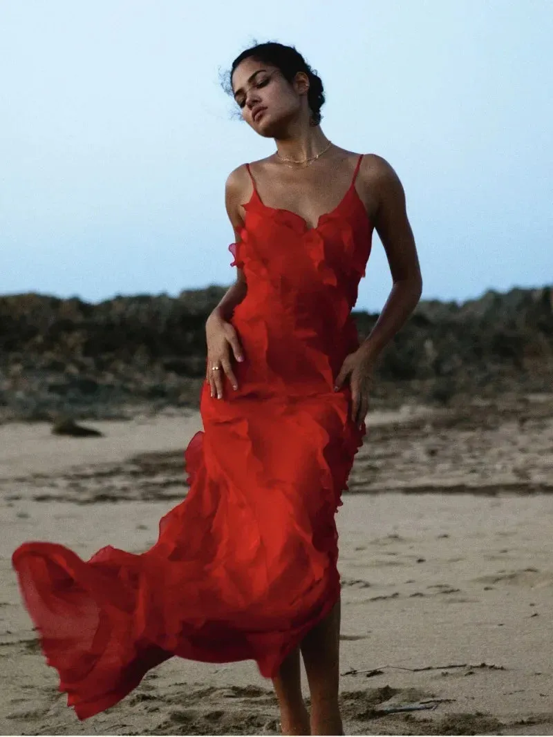 binfenxie 2024 Elegant Red Chiffon Slip Dresses for Women Sexy Spaghetti Strap Backless Lace-up Ruffles Long Maxi Evening Party Prom Dress