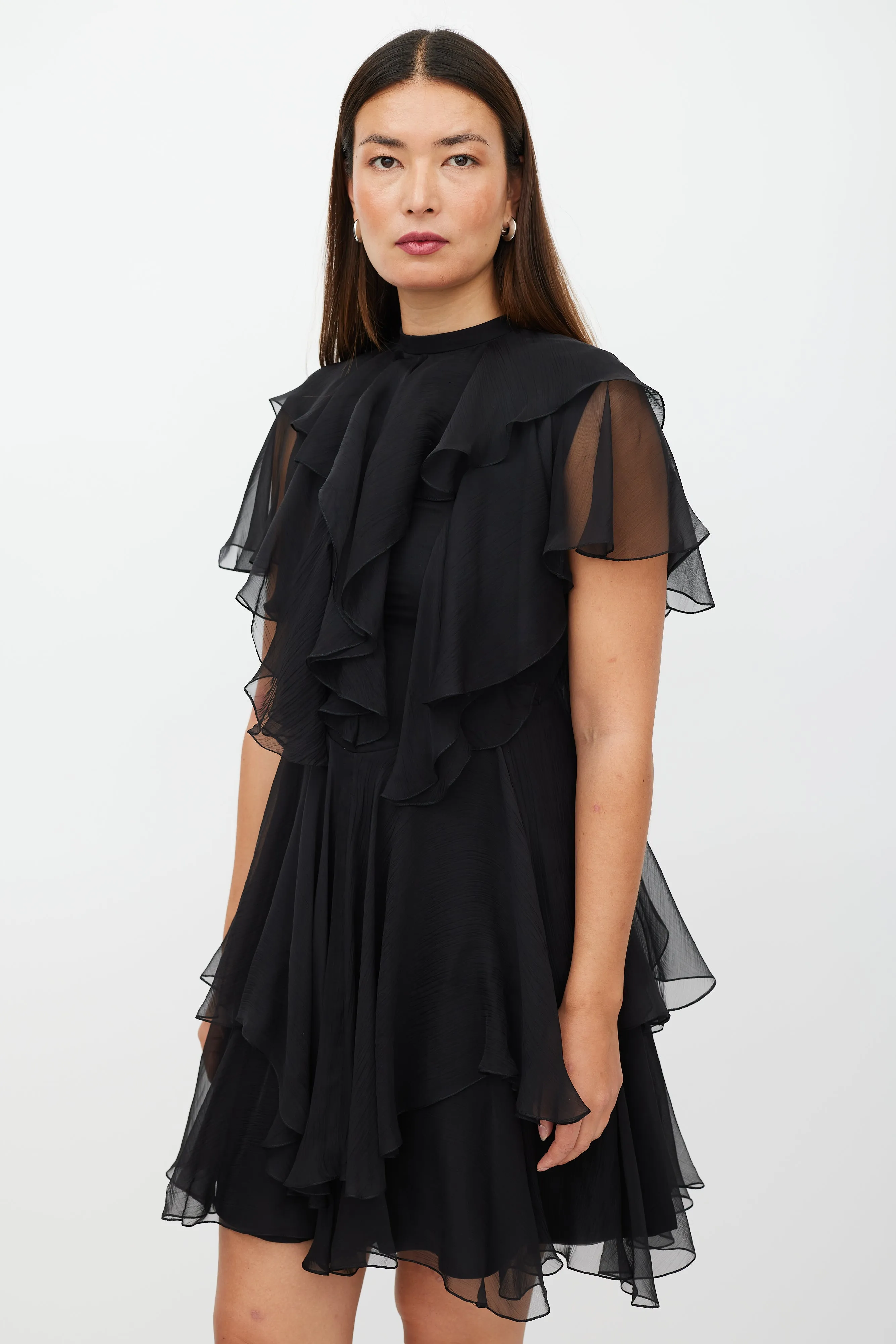 Black Silk Ruffled Layered Dress