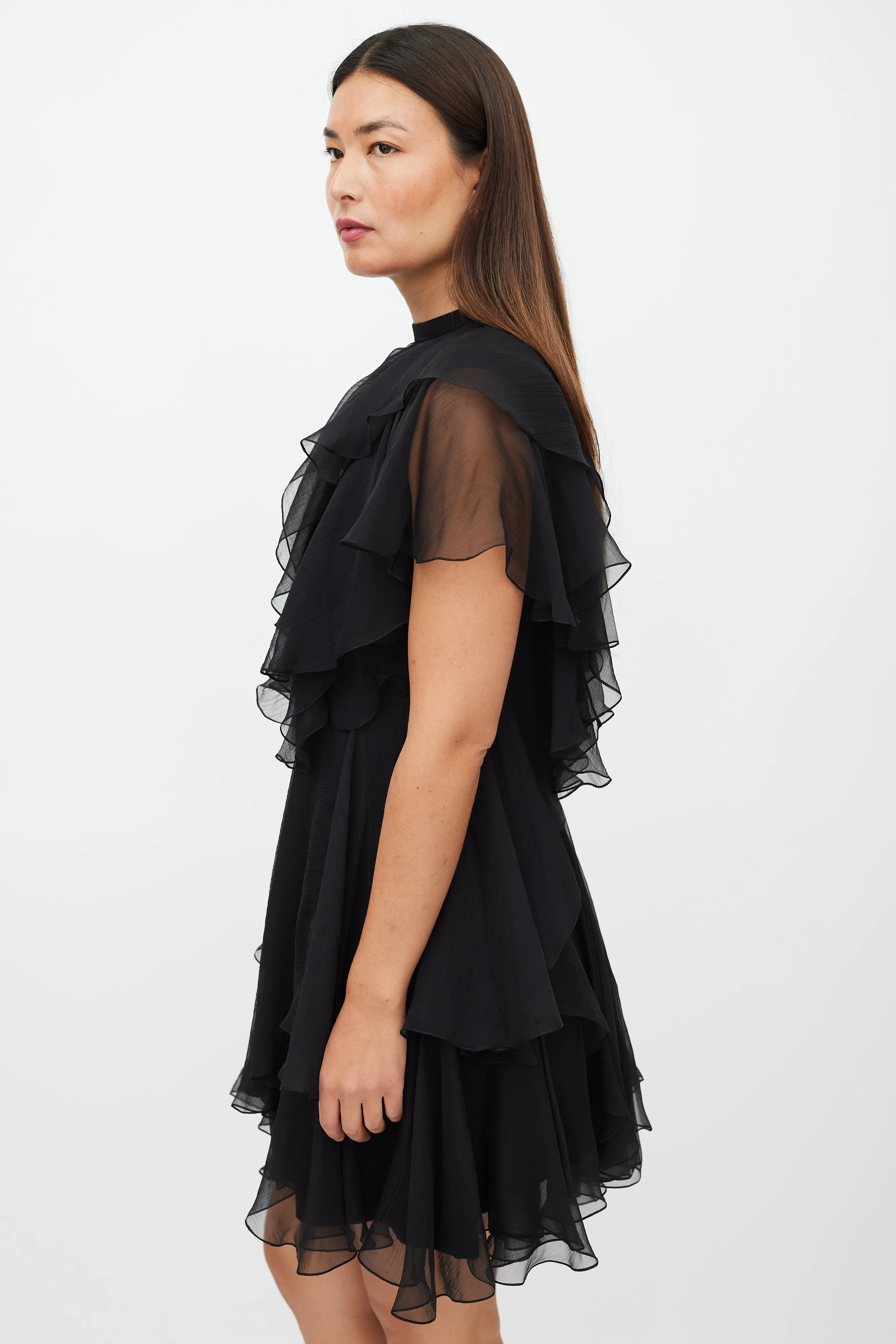Black Silk Ruffled Layered Dress