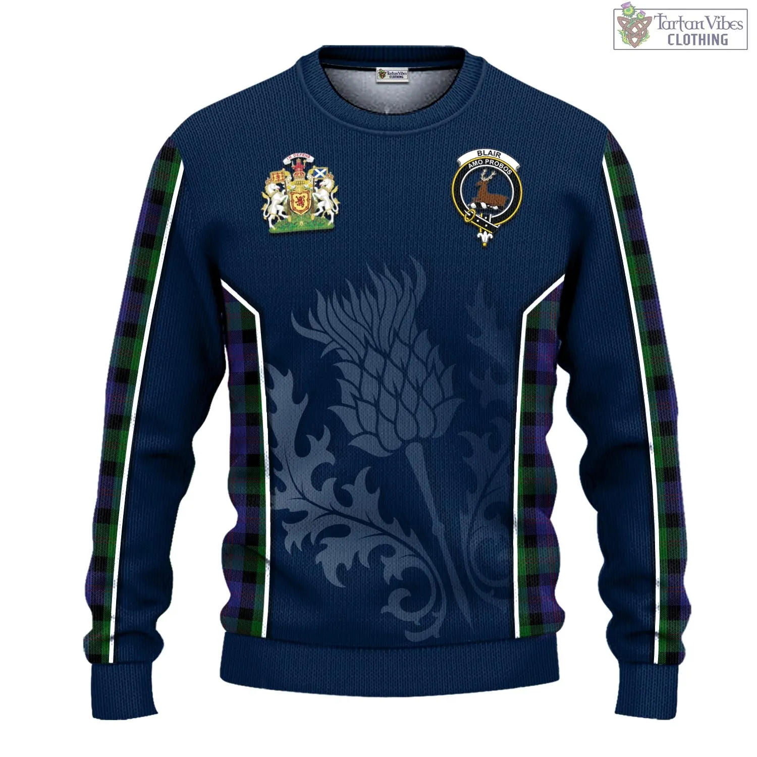 Blair Tartan Knitted Sweatshirt with Family Crest and Scottish Thistle Vibes Sport Style