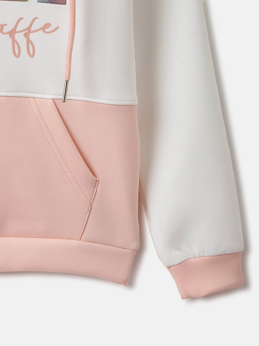 Blue Giraffe Girls Peach Color-blocked Hooded Full Sleeves Pullover Style Sweatshirt