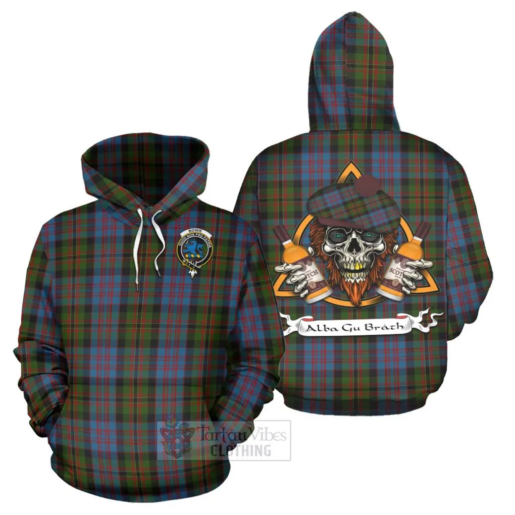 Bowie Tartan Hoodie with Family Crest and Bearded Skull Holding Bottles of Whiskey