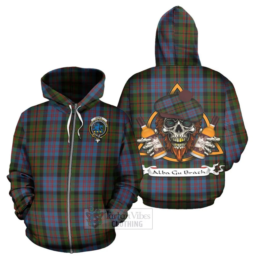 Bowie Tartan Hoodie with Family Crest and Bearded Skull Holding Bottles of Whiskey