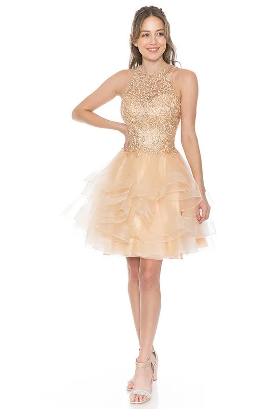 Champagne Gold Halter Embroidery Match Tiered Short Dress