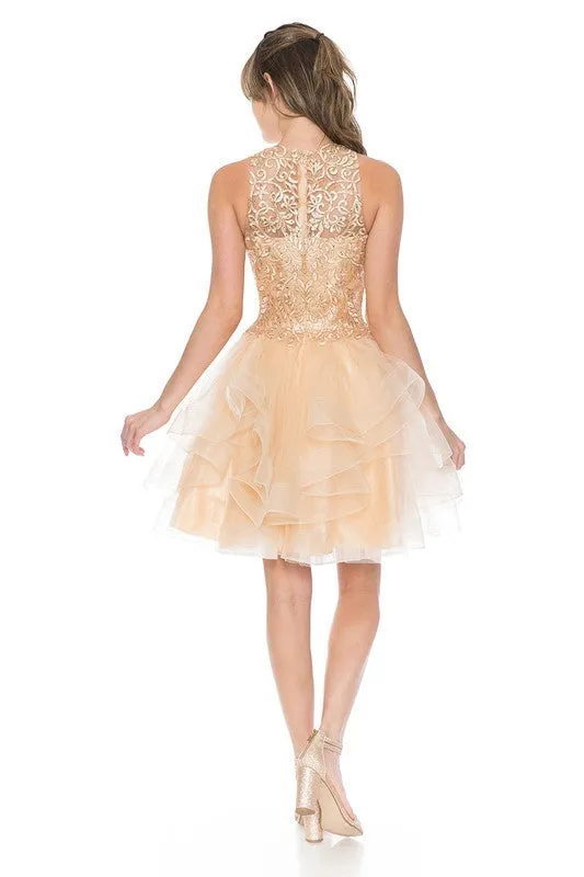 Champagne Gold Halter Embroidery Match Tiered Short Dress