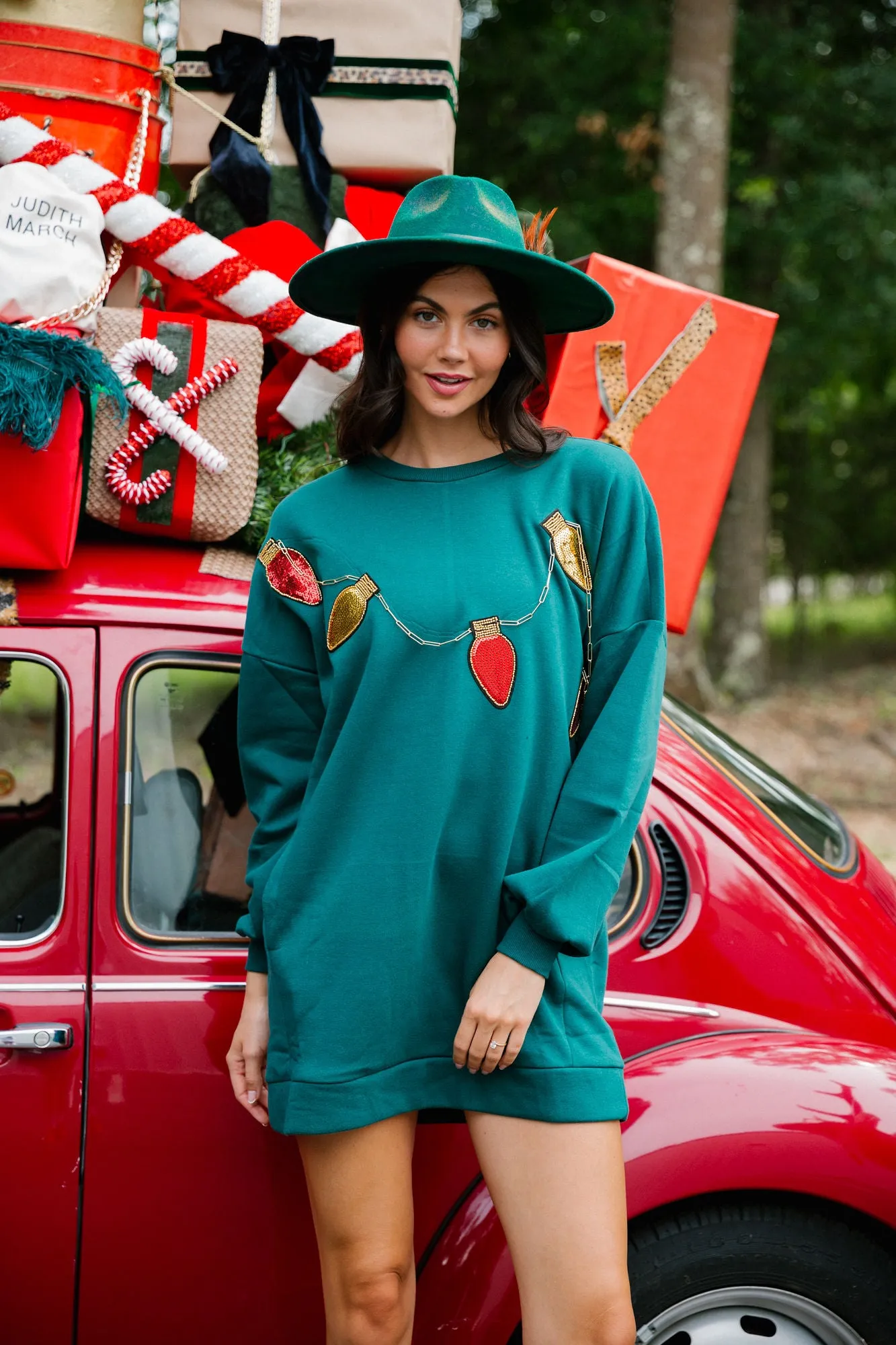 CHRISTMAS LIGHTS GREEN PULLOVER DRESS