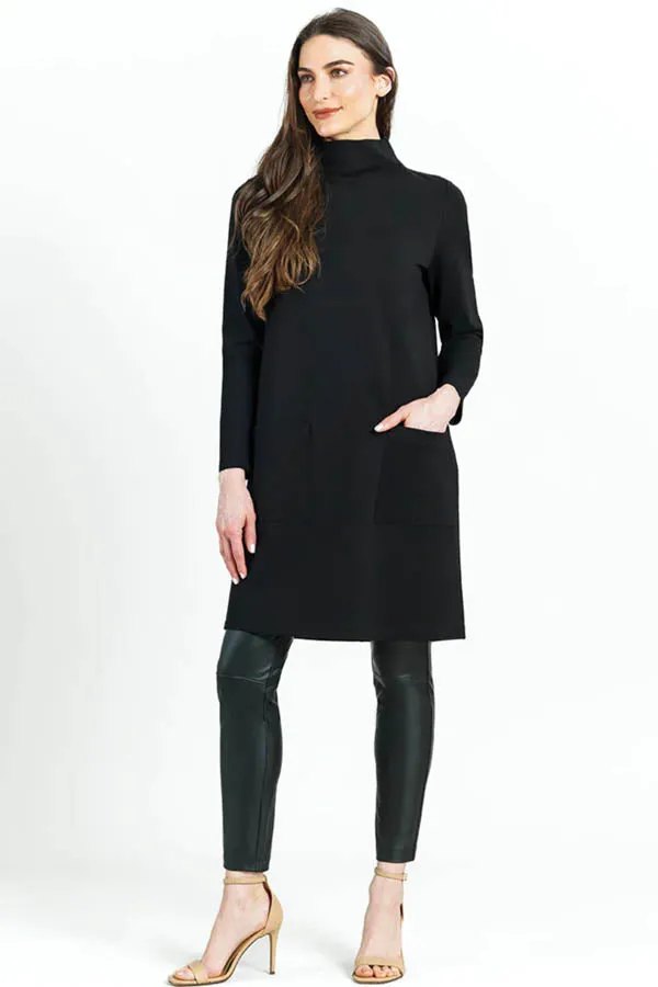 Clara Sunwoo - Ribbed Knit Funnel Neck Tunic Dress W/Stitch Detail & Pockets - Black