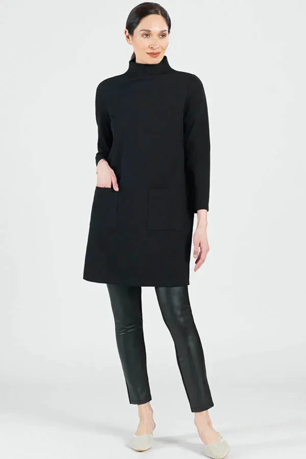 Clara Sunwoo - Ribbed Knit Funnel Neck Tunic Dress W/Stitch Detail & Pockets - Black