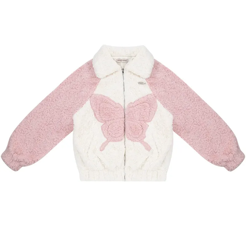 Contrast Color Butterfly Sherpa Jacket | Thick Velvet Pink-White Design for Autumn/Winter