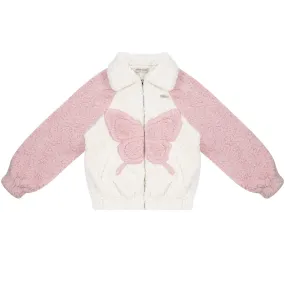 Contrast Color Butterfly Sherpa Jacket | Thick Velvet Pink-White Design for Autumn/Winter