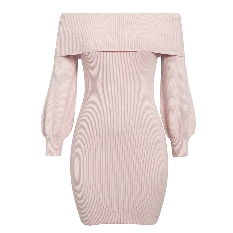 Elegant Knitted Off Shoulder Long Sleeve Soft Sweater Office Dress