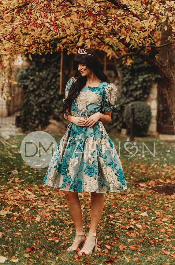 Ellis Jacquard Teal/Gold Velvet Dress - DM Exclusive - Maternity Friendly