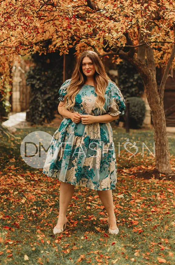 Ellis Jacquard Teal/Gold Velvet Dress - DM Exclusive - Maternity Friendly