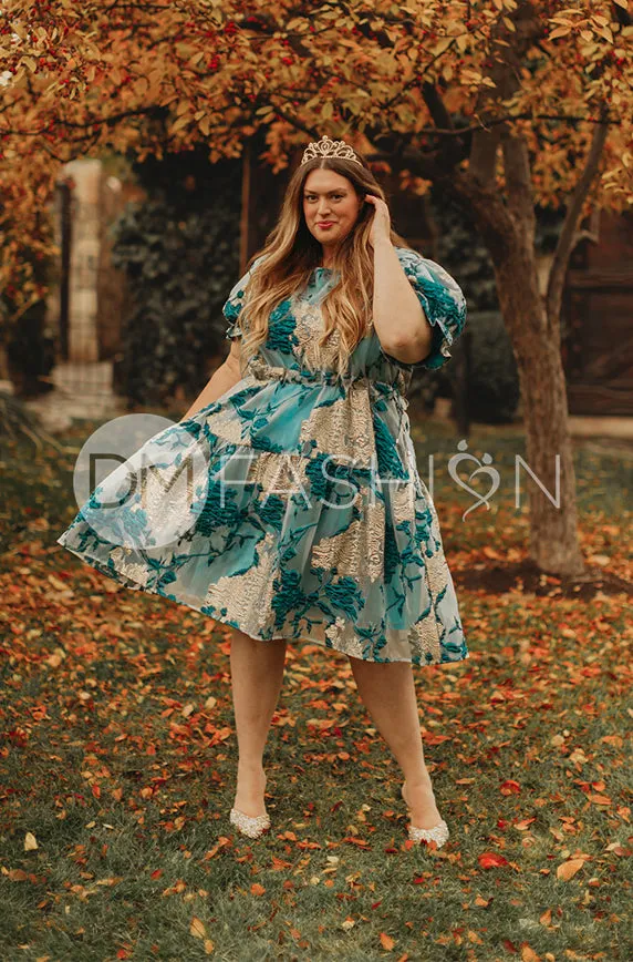 Ellis Jacquard Teal/Gold Velvet Dress - DM Exclusive - Maternity Friendly