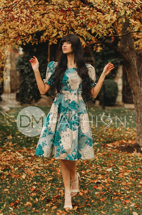 Ellis Jacquard Teal/Gold Velvet Dress - DM Exclusive - Maternity Friendly