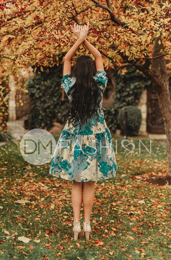 Ellis Jacquard Teal/Gold Velvet Dress - DM Exclusive - Maternity Friendly