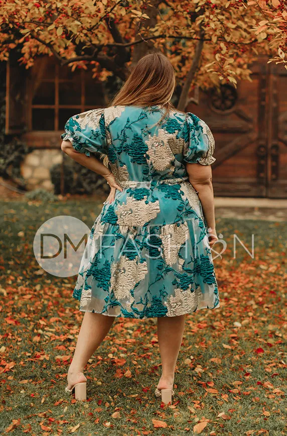 Ellis Jacquard Teal/Gold Velvet Dress - DM Exclusive - Maternity Friendly
