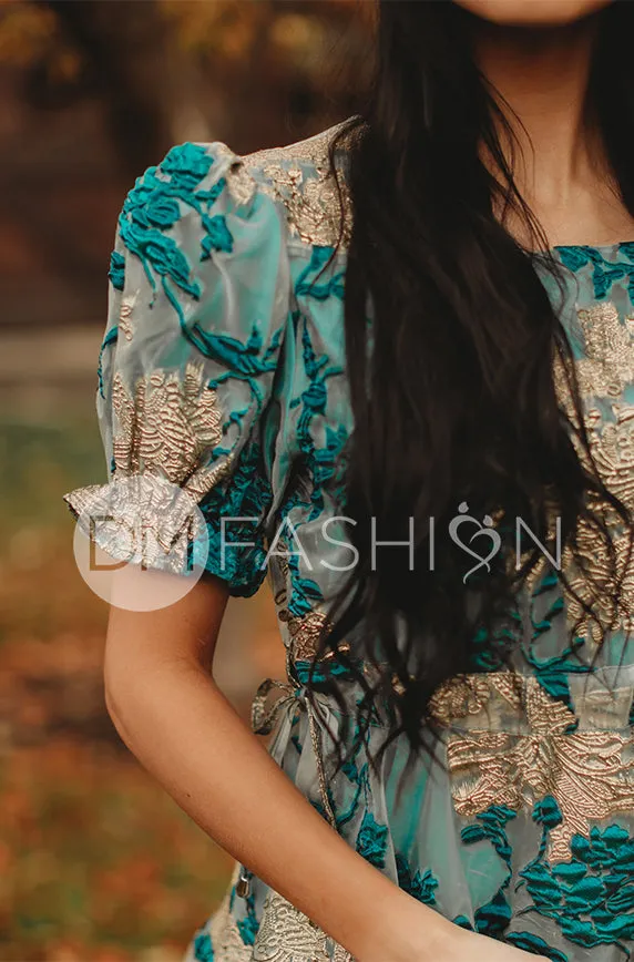 Ellis Jacquard Teal/Gold Velvet Dress - DM Exclusive - Maternity Friendly