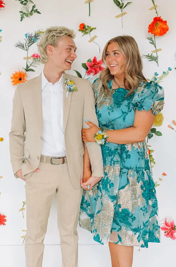Ellis Jacquard Teal/Gold Velvet Dress - DM Exclusive - Maternity Friendly