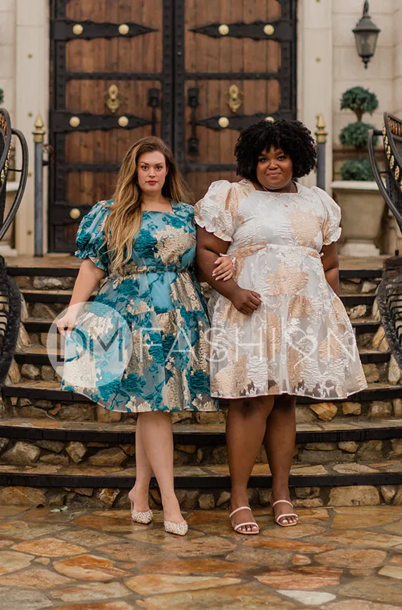 Ellis Jacquard Teal/Gold Velvet Dress - DM Exclusive - Maternity Friendly