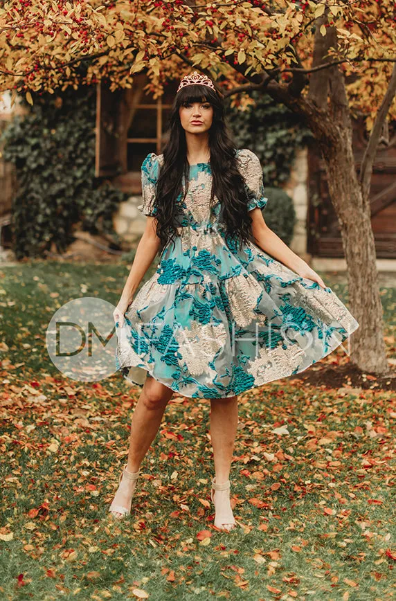 Ellis Jacquard Teal/Gold Velvet Dress - DM Exclusive - Maternity Friendly