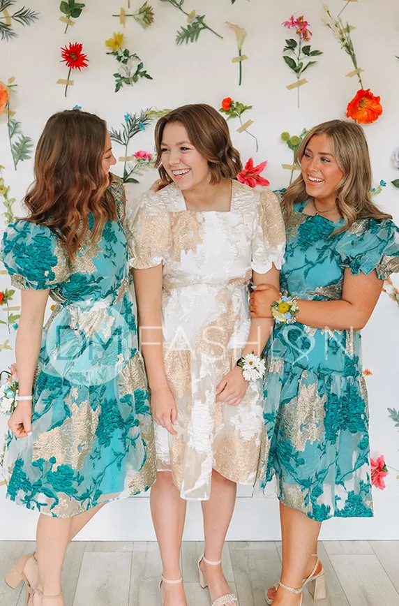 Ellis Jacquard Teal/Gold Velvet Dress - DM Exclusive - Maternity Friendly