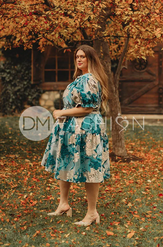 Ellis Jacquard Teal/Gold Velvet Dress - DM Exclusive - Maternity Friendly