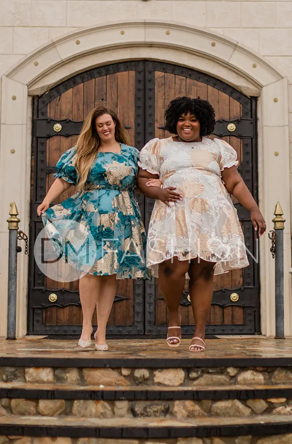 Ellis Jacquard Teal/Gold Velvet Dress - DM Exclusive - Maternity Friendly