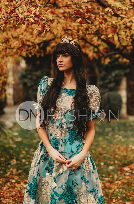 Ellis Jacquard Teal/Gold Velvet Dress - DM Exclusive - Maternity Friendly