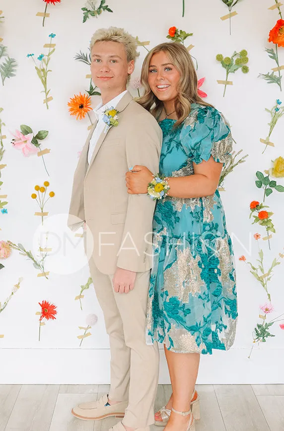 Ellis Jacquard Teal/Gold Velvet Dress - DM Exclusive - Maternity Friendly