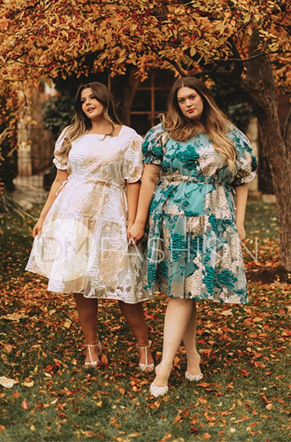 Ellis Jacquard Teal/Gold Velvet Dress - DM Exclusive - Maternity Friendly