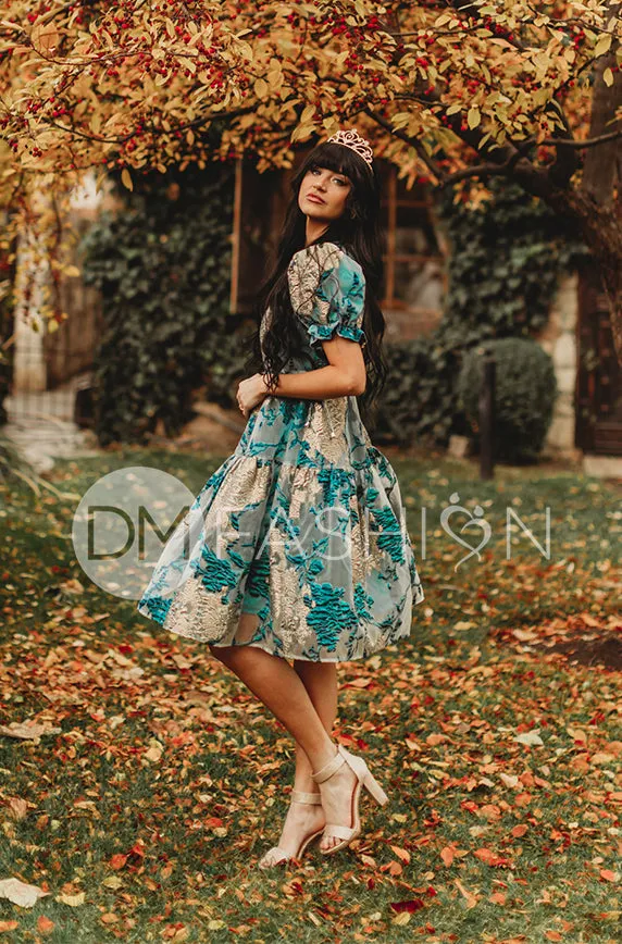 Ellis Jacquard Teal/Gold Velvet Dress - DM Exclusive - Maternity Friendly