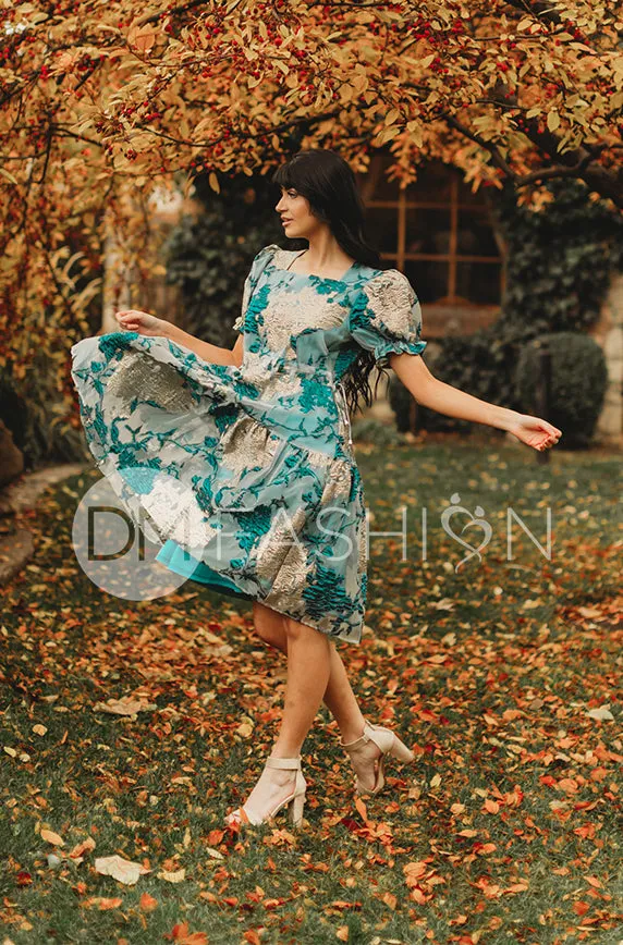 Ellis Jacquard Teal/Gold Velvet Dress - DM Exclusive - Maternity Friendly