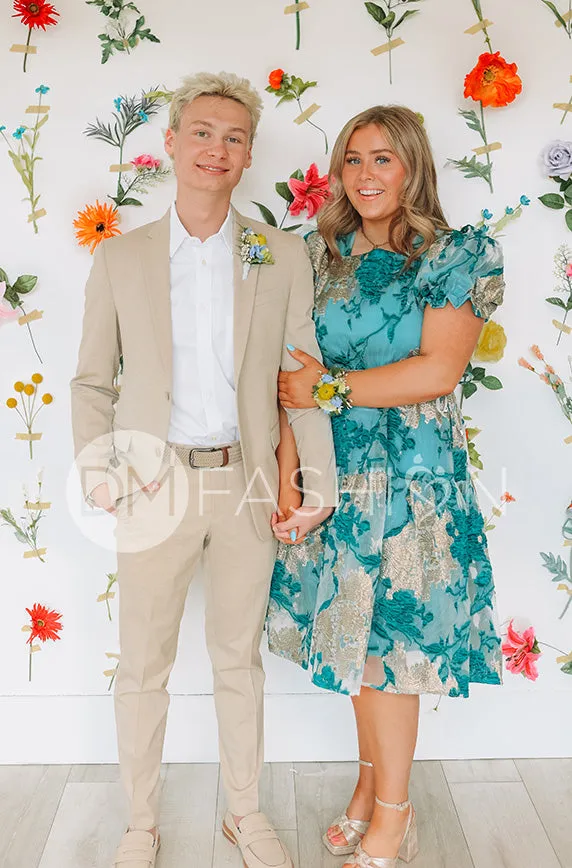 Ellis Jacquard Teal/Gold Velvet Dress - DM Exclusive - Maternity Friendly