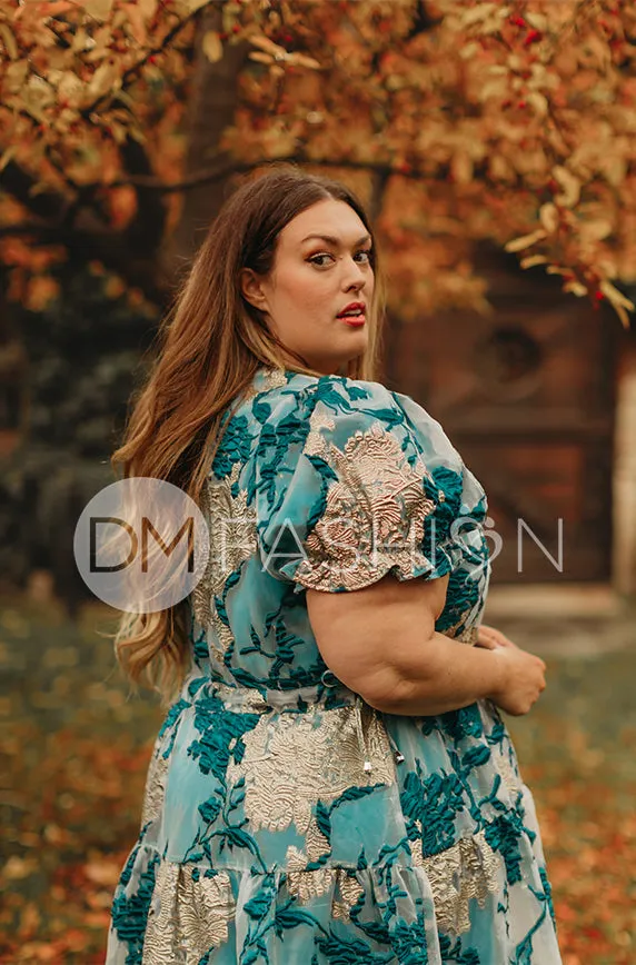 Ellis Jacquard Teal/Gold Velvet Dress - DM Exclusive - Maternity Friendly