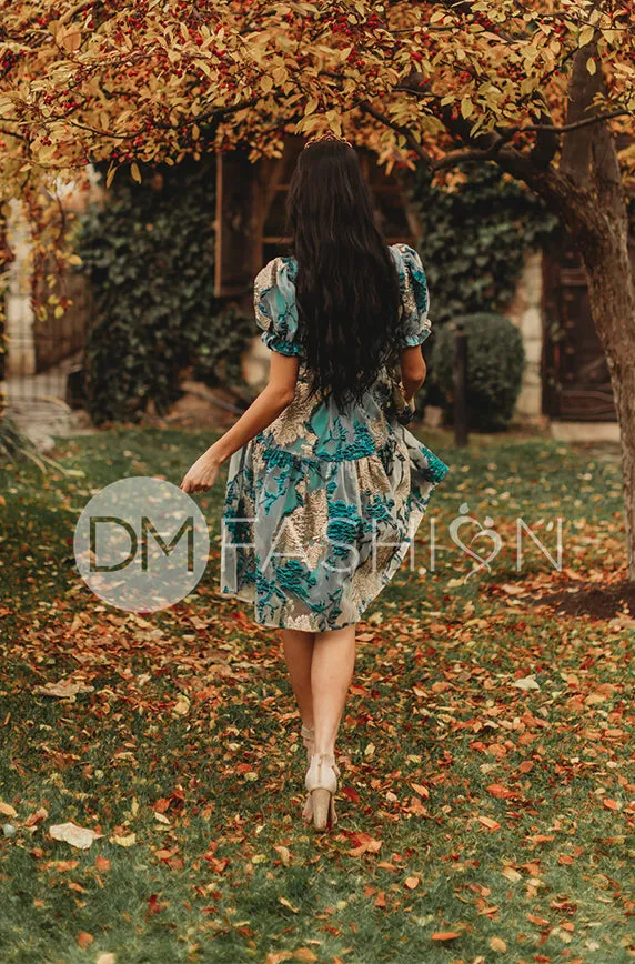 Ellis Jacquard Teal/Gold Velvet Dress - DM Exclusive - Maternity Friendly