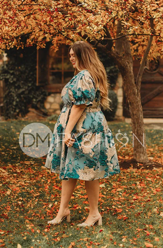 Ellis Jacquard Teal/Gold Velvet Dress - DM Exclusive - Maternity Friendly