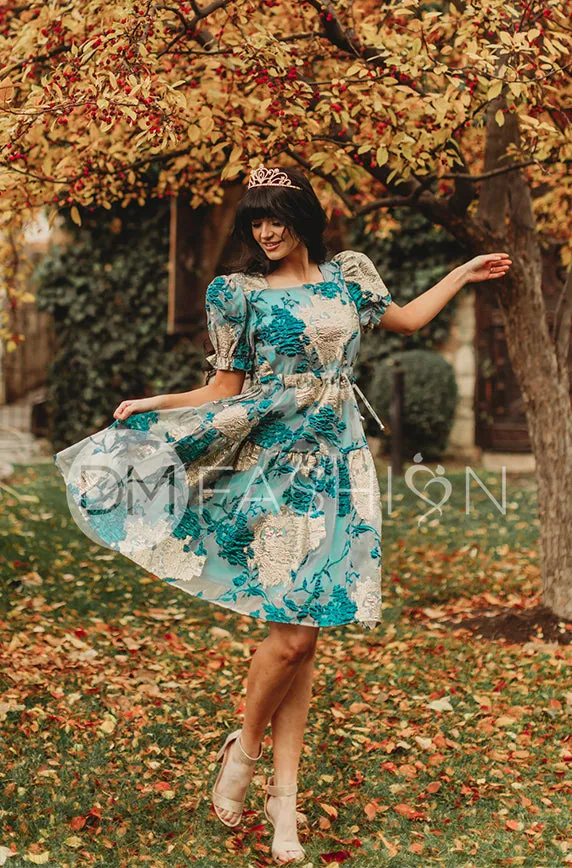 Ellis Jacquard Teal/Gold Velvet Dress - DM Exclusive - Maternity Friendly