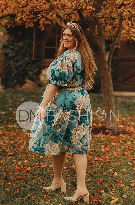 Ellis Jacquard Teal/Gold Velvet Dress - DM Exclusive - Maternity Friendly